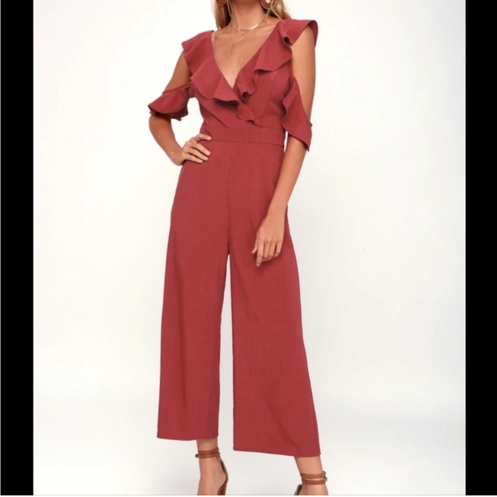 LULUS Doozy Rust Red Double Sleeve Ruffled Wide-Leg Off-the-Shoulder Jumpsuit XL